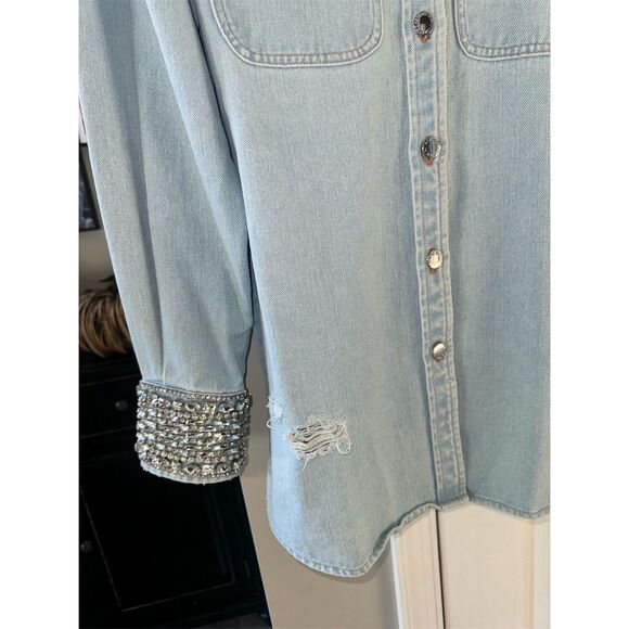 Retrofête Women's M Blue Denim Rhinestone Cuff Button-Up Shirt M - Picture 8 of 14